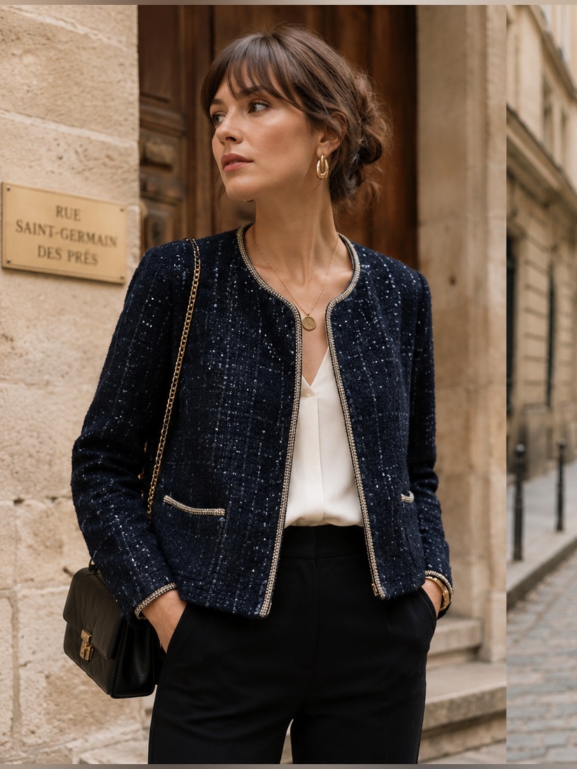 Isaac Mizrahi Navy Tweed Sequin Old Money Parisian Chic Jacket W/Gold Trim Large
